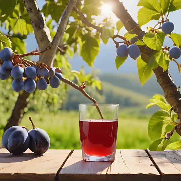 un vaso de líquido rojo se sienta en una mesa de madera con un ramo de uvas en el fondo