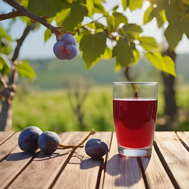 un vaso de líquido rojo se sienta en una mesa de madera