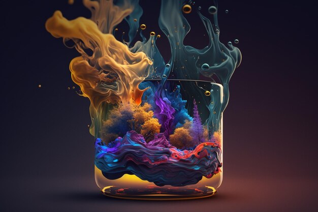 Un vaso de líquido con un toque de pintura y un líquido colorido en su interior.