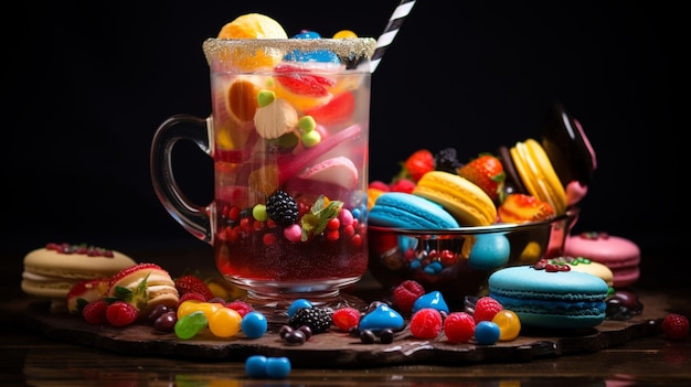 Foto vaso con líquido y tubo cerca de galletas dulces bayas y regalos