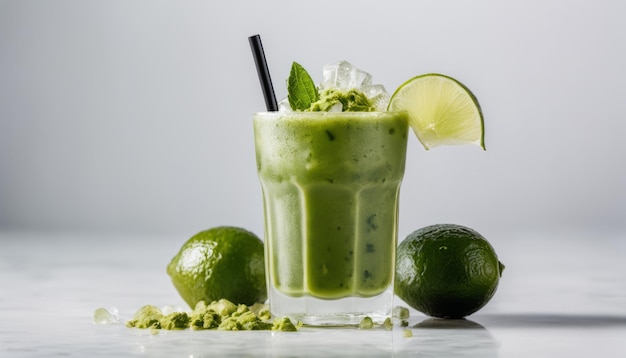 Un vaso de líquido verde con una cuña de limón en el borde