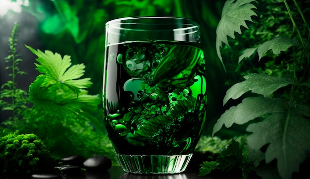 Un vaso de líquido verde con un fondo verde frondoso.