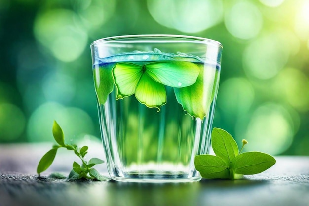 Foto un vaso de líquido verde con mariposas en él y una hoja verde