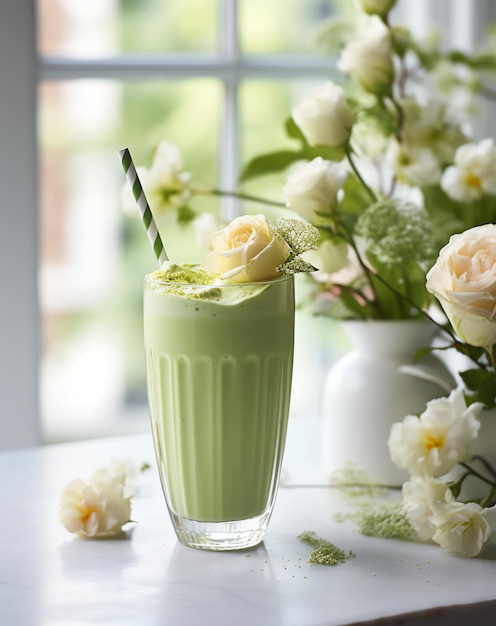 un vaso con líquido verde y una pajita con una flor encima