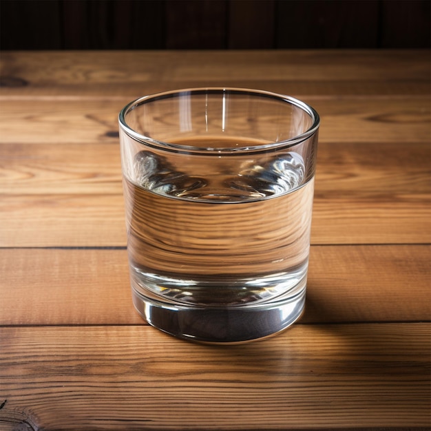 Vaso lleno de agua sobre fondo de madera