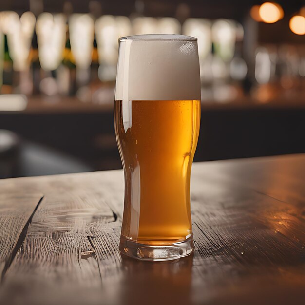 un vaso lleno de cerveza en una mesa de madera