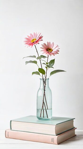 Vaso lleno de flores rosas en un libro