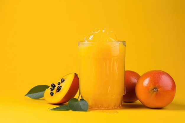 Un vaso lleno de jugo de mango fresco y mangos por ahí