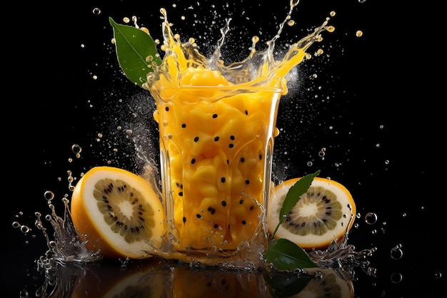 Un vaso lleno de jugo de naranja y rodajas de kiwi AI