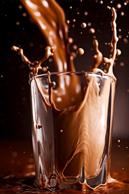 Vaso lleno de líquido de chocolate encima de la encimera marrón con gotas de líquido saliendo de la parte superior del vaso IA generativa
