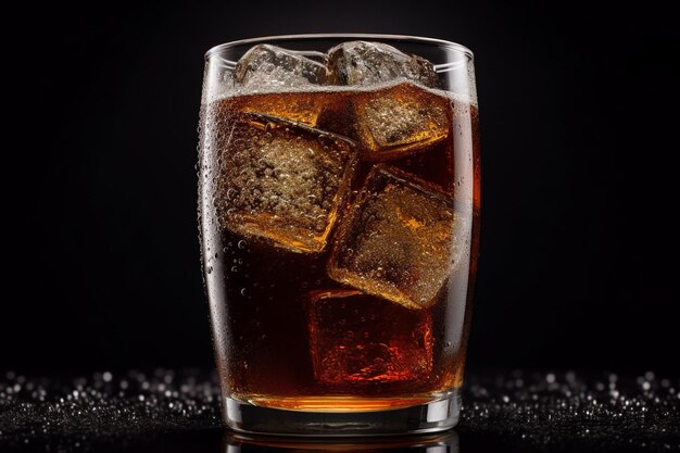 Un vaso lleno de refresco negro y cubos de hielo aislados sobre un fondo negro