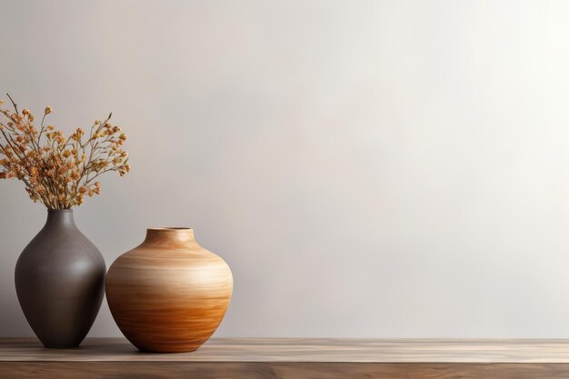 Vaso de madera con textura o olla de arcilla en la mesa cerca de la pared gris