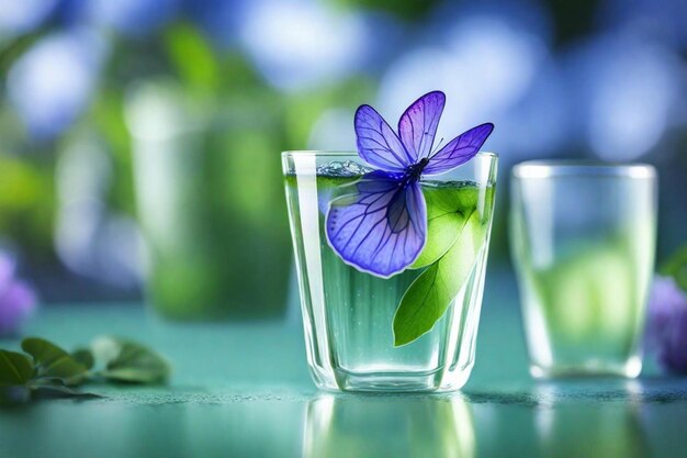 Foto un vaso con una mariposa azul y dos vasos de agua