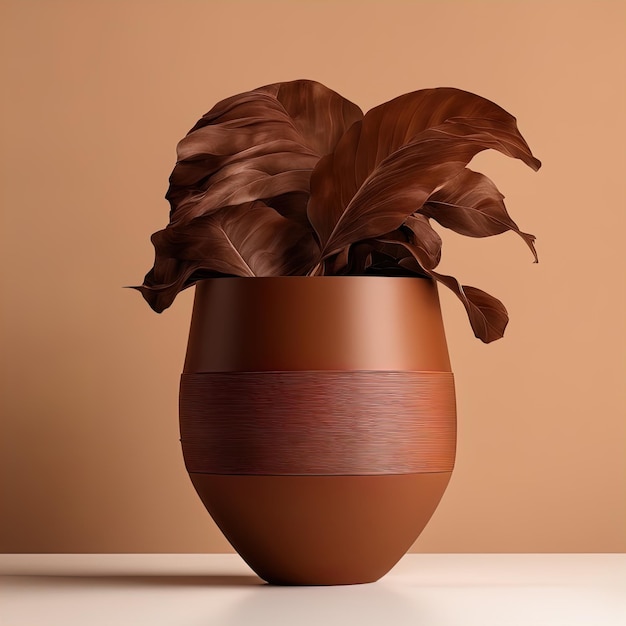 vaso marrom com um vaso marrom em um fundo marrom com uma planta 3 d render de um vaso moderno com ab