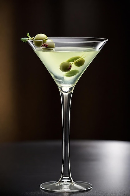 un vaso de martini con aceitunas y aceitunas verdes en él