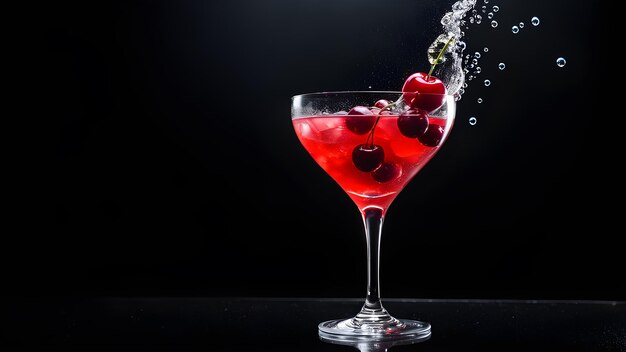 un vaso de martini con líquido rojo y púrpura salpicando en él
