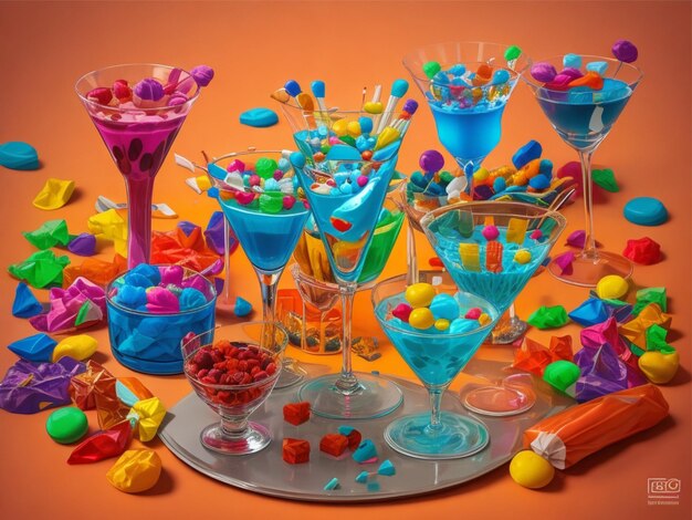 Vaso de martini con muchos dulces de colores sabrosos en la mesa contra un fondo naranja