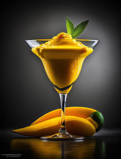 Un vaso de martini con un sorbete de mango en