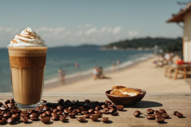 Un vaso de moca con granos de café en la playa.