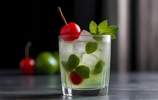 Un vaso de mojito clásico con cuñas de lima de menta trituradas y una sola cereza roja