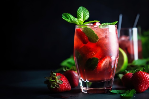 Un vaso de mojito de fresa con hojas de menta sobre un fondo negro