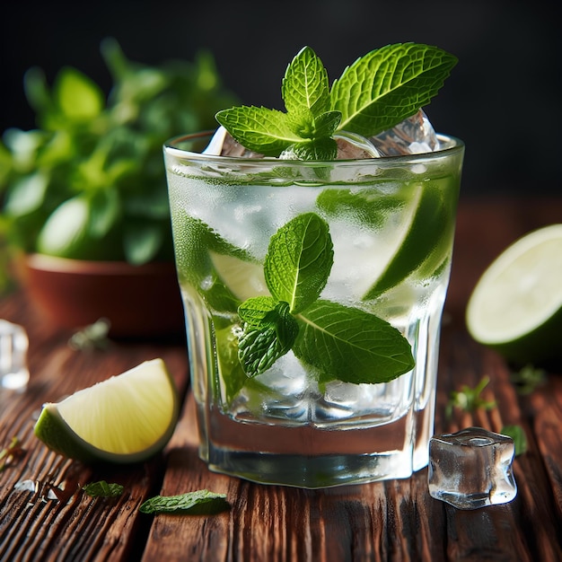 Un vaso de mojito frío con hielo en una mesa de madera