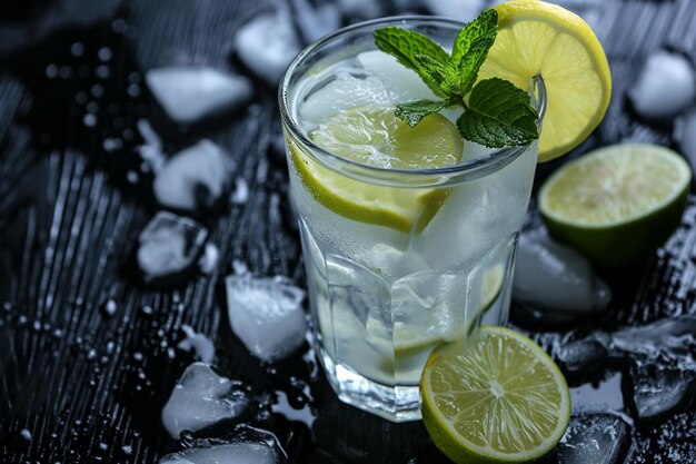 Un vaso de mojito frío con limón y menta sobre un fondo de madera negra primer plano de un refrescante