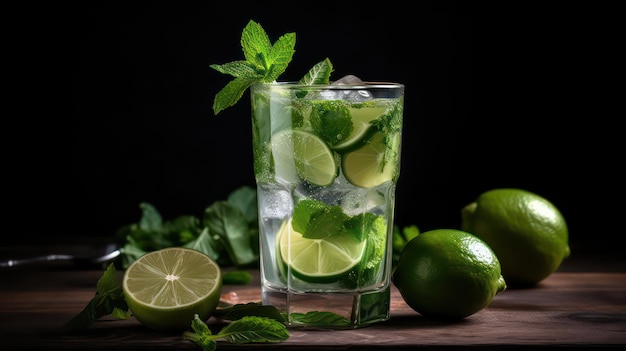 Un vaso de mojito con hojas de menta sobre un fondo oscuro