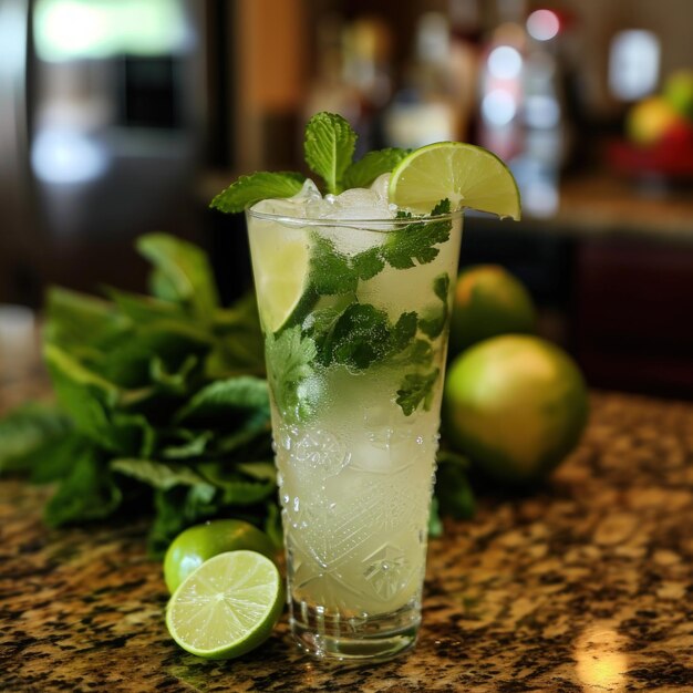 Foto un vaso de mojito con lima y hojas de menta