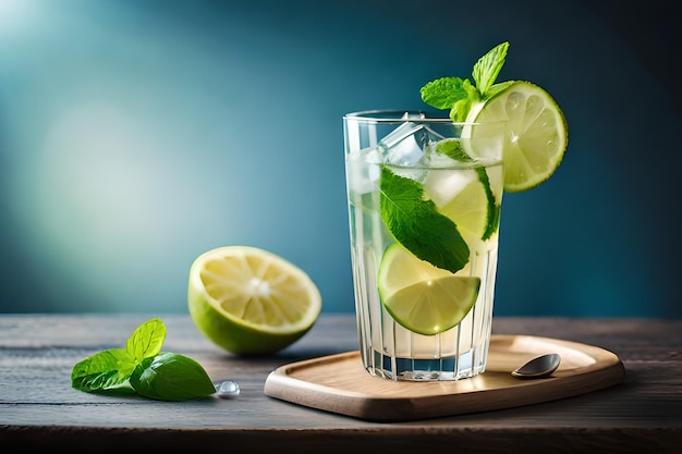 Un vaso de mojito con limas y limas sobre una mesa de madera.