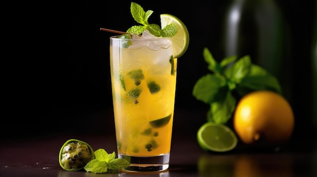 Un vaso de mojito con limas y menta al lado.