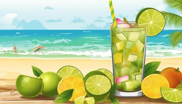 Un vaso de mojito con limas en la playa