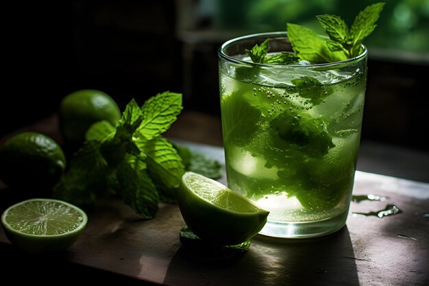 Un vaso de mojito con limones en una mesa