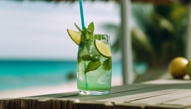 Un vaso de mojito en una mesa con una pajita azul.