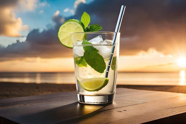 Un vaso de mojito con una pajita en la playa