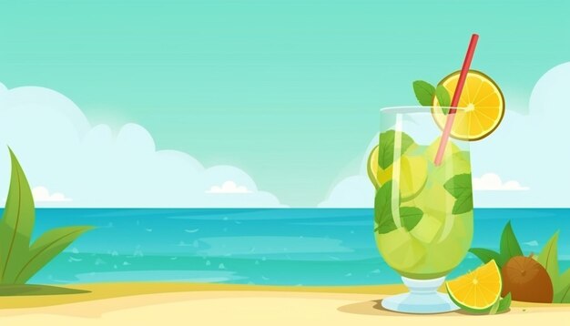 Un vaso de mojito en la playa con una pajita.