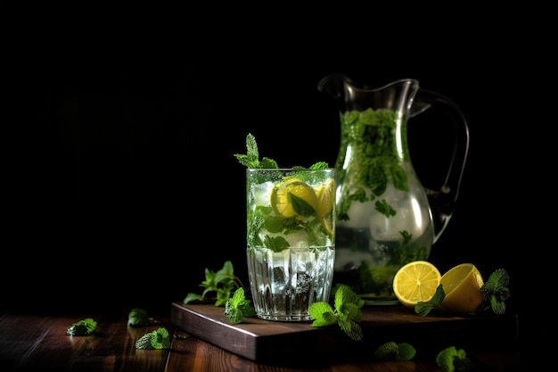 Un vaso de mojito con rodajas de limón y hojas de menta sobre un fondo oscuro.