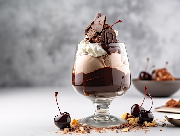 Un vaso de mousse de chocolate con chocolate encima