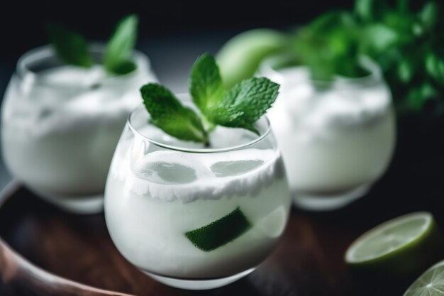 Un vaso de mousse de coco con limas sobre una tabla de madera