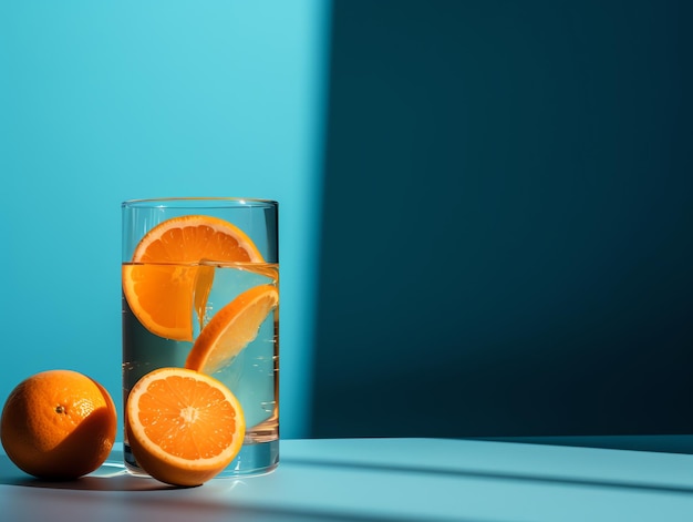 Un vaso de naranjas y un vaso de agua con rodajas de naranja.