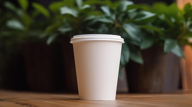 Un vaso de papel blanco sobre una mesa con una planta al fondo