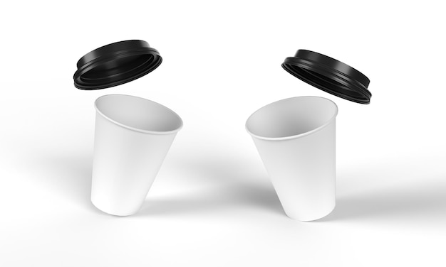 Vaso de papel desechable blanco en blanco con tapa de plástico negro maqueta poliestireno vacío aislado