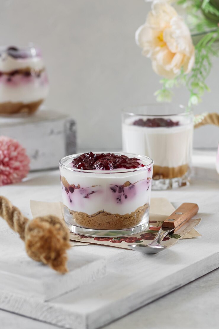 Un vaso de parfait de tarta de queso con una flor blanca y rosa en el fondo.