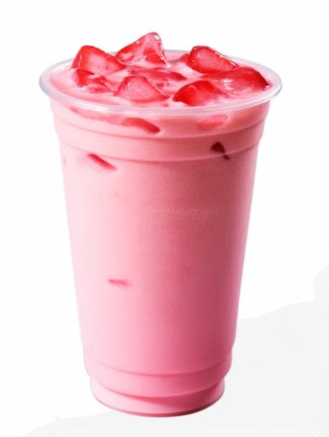 un vaso de plástico rosa con una bebida roja.