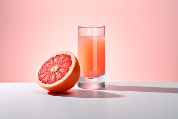 Un vaso de pomelo junto a la mitad de un pomelo.