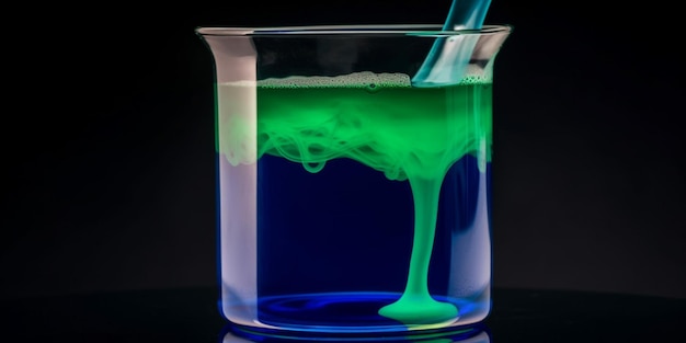 Un vaso de precipitados con un líquido azul dentro que tiene un líquido verde.