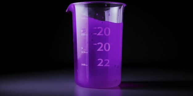 Un vaso de precipitados con líquido morado que dice 20 y 22.