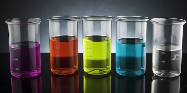 Un vaso de precipitados con líquidos de diferentes colores.