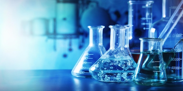 vaso de precipitados y matraz en laboratorio de ciencias con fondo de bandera azul de estructura química