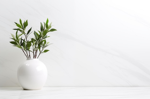 Vaso de primer plano y plantas en mesa de mármol blanco y fondos de pared de mármol branco con espacio para copiar